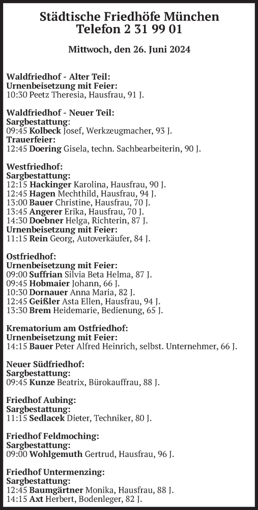 Todesanzeige von Bestattungen vom 26.06.2024 von merkurtz