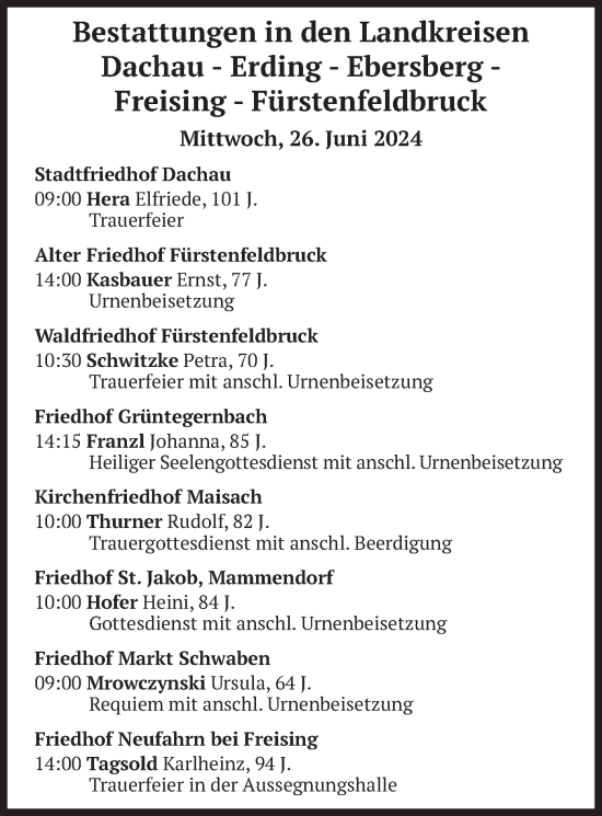 Todesanzeige von Bestattungen vom 26.06.2024 von merkurtz