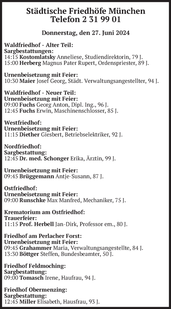 Todesanzeige von Bestattungen vom 27.06.2024 von merkurtz