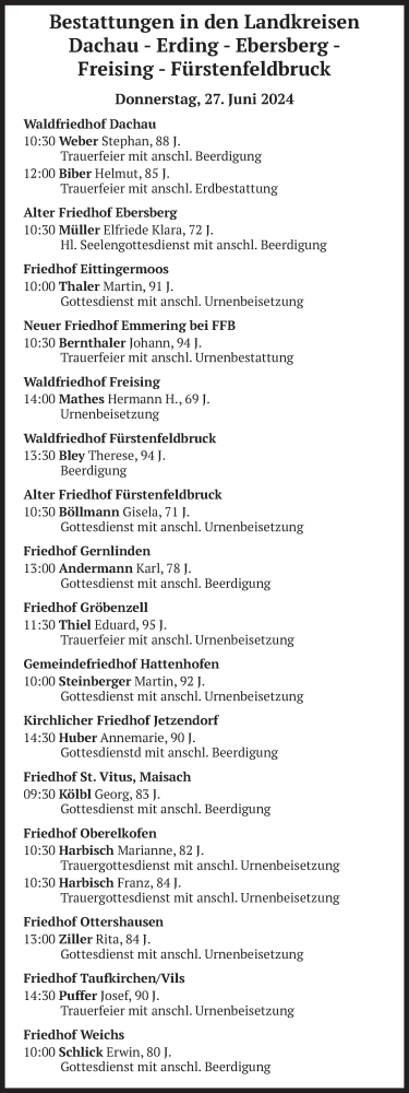 Todesanzeige von Bestattungen vom 27.06.2024 von merkurtz