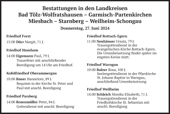Todesanzeige von Bestattungen vom 27.06.2024 von merkurtz