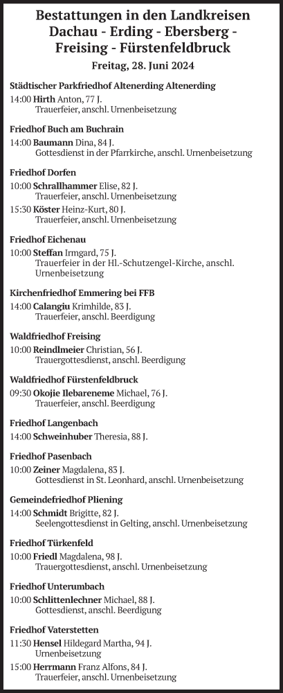 Todesanzeige von Bestattungen vom 28.06.2024 von merkurtz