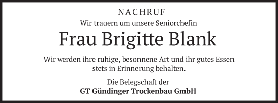 Todesanzeige von Brigitte Blank von merkurtz