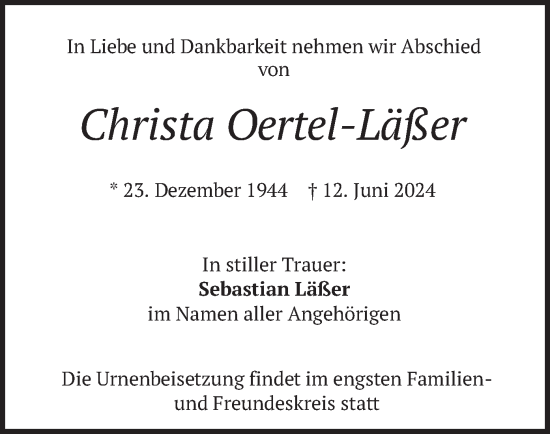 Todesanzeige von Christa Oertel-Läßer von merkurtz