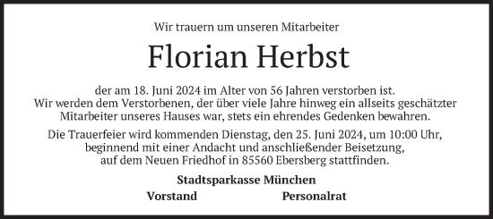 Todesanzeige von Florian Herbst von merkurtz