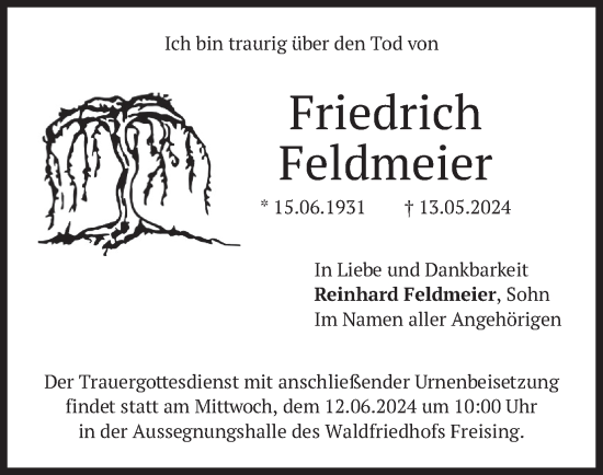 Todesanzeige von Friedrich Feldmeier von merkurtz