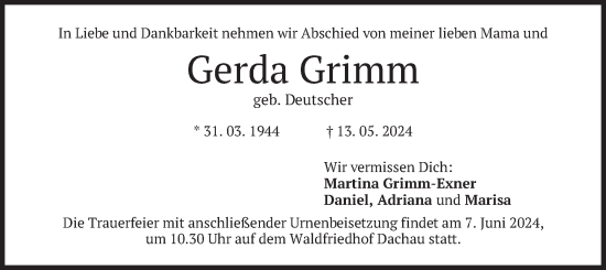 Todesanzeige von Gerda Grimm von merkurtz