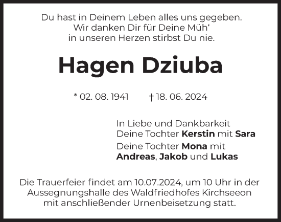 Todesanzeige von Hagen Dziuba von merkurtz