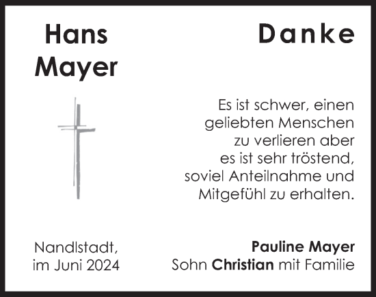 Todesanzeige von Hans Mayer von merkurtz