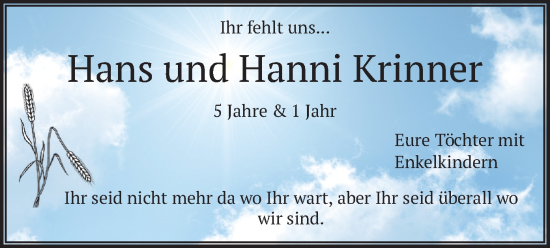Todesanzeige von Hans und Hanni Krinner von merkurtz
