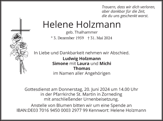 Todesanzeige von Helene Holzmann von merkurtz