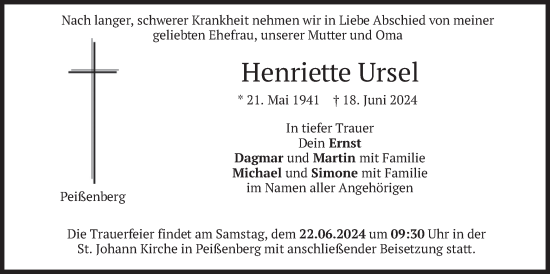 Todesanzeige von Henriette Ursel von merkurtz