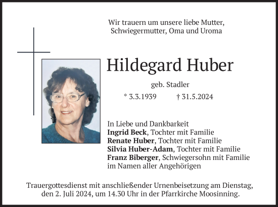 Todesanzeige von Hildegard Huber von merkurtz