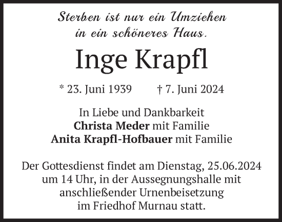 Todesanzeige von Inge Krapfl von merkurtz