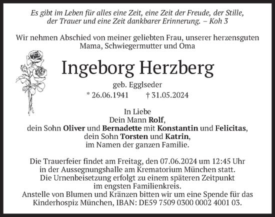 Todesanzeige von Ingeborg Herzberg von merkurtz