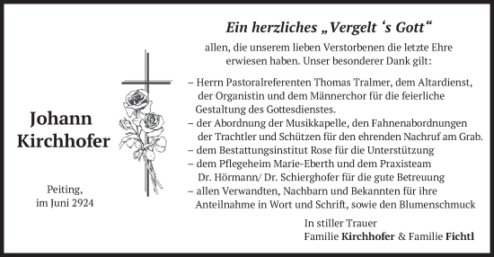 Todesanzeige von Johann Kirchhofer von merkurtz
