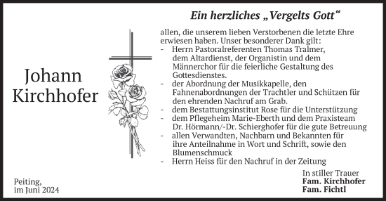 Todesanzeige von Johann Kirchhofer von merkurtz