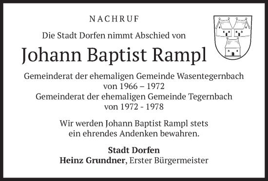 Todesanzeige von Johann Baptist Rampl von merkurtz
