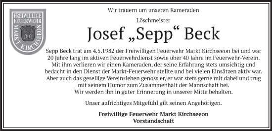 Todesanzeige von Josef  Beck von merkurtz