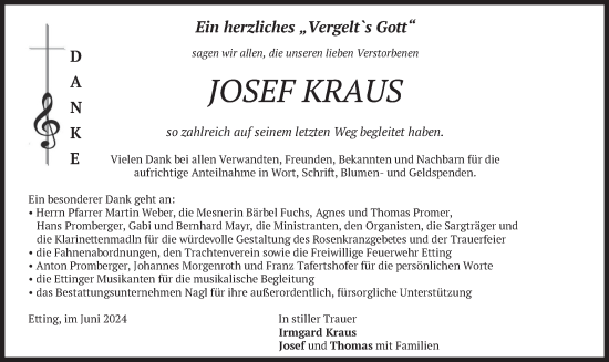 Todesanzeige von Josef Kraus von merkurtz