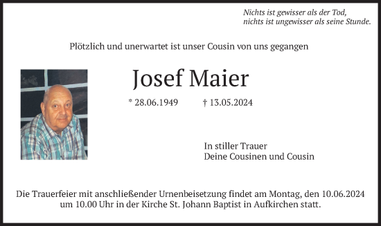 Todesanzeige von Josef Maier von merkurtz