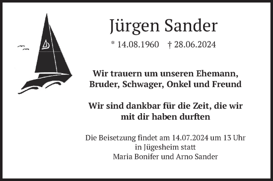 Todesanzeige von Jürgen Sander von merkurtz