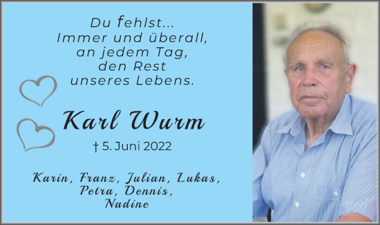 Todesanzeige von Karl Wurm von merkurtz