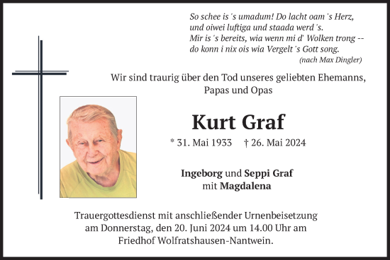 Todesanzeige von Kurt Graf von merkurtz