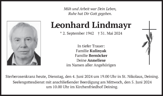 Todesanzeige von Leonhard Lindmayr von merkurtz