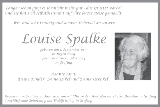 Todesanzeige von Louise Spalke von merkurtz