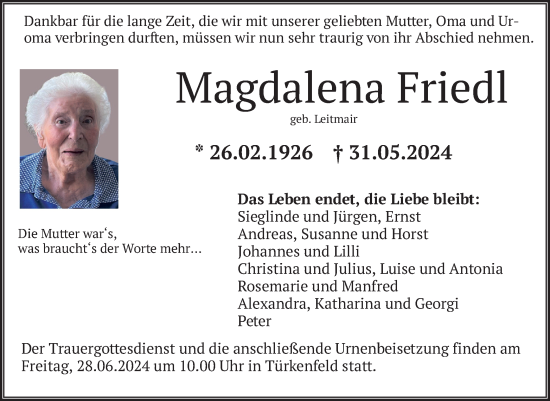 Todesanzeige von Magdalena Friedl von merkurtz