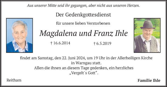 Todesanzeige von Magdalena und Franz  Ihle von merkurtz
