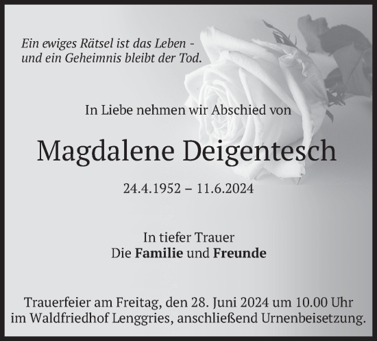 Todesanzeige von Magdalene Deigentesch von merkurtz