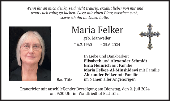 Todesanzeige von Maria Felker von merkurtz
