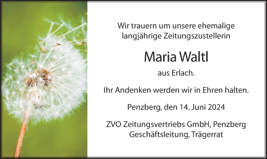 Todesanzeige von Maria Waltl von merkurtz
