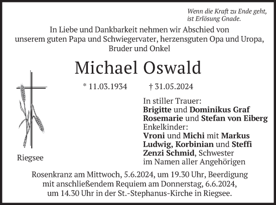 Todesanzeige von Michael Oswald von merkurtz