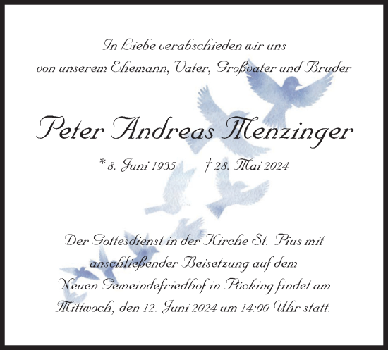 Todesanzeige von Peter Andreas Menzinger von merkurtz