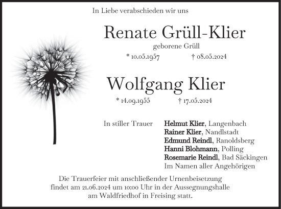 Todesanzeige von Renate und Wolfgang Grüll-Klier und Klier von merkurtz