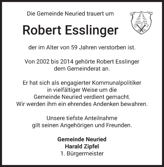 Todesanzeige von Robert Esslinger von merkurtz