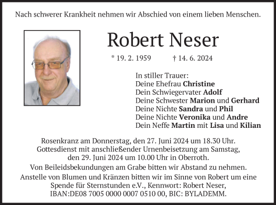 Todesanzeige von Robert Neser von merkurtz