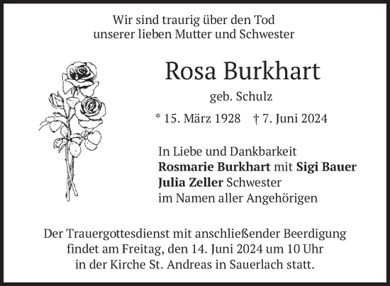 Todesanzeige von Rosa Burkhart von merkurtz