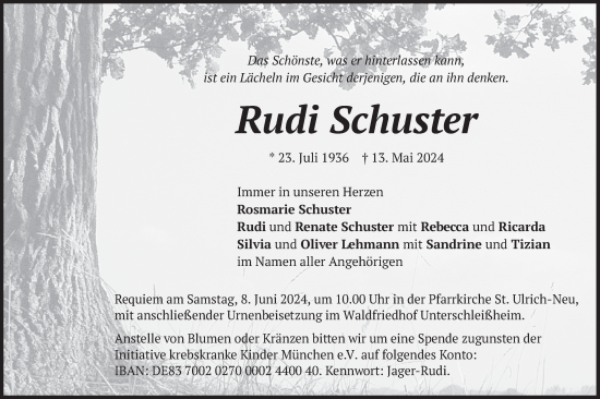 Todesanzeige von Rudi Schuster von merkurtz