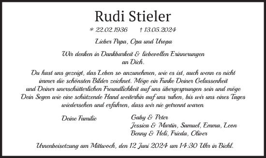 Todesanzeige von Rudi Stieler von merkurtz