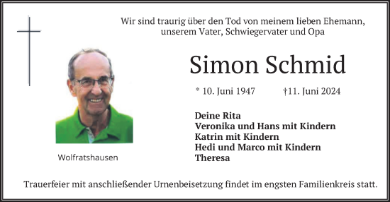 Todesanzeige von Simon Schmid von merkurtz