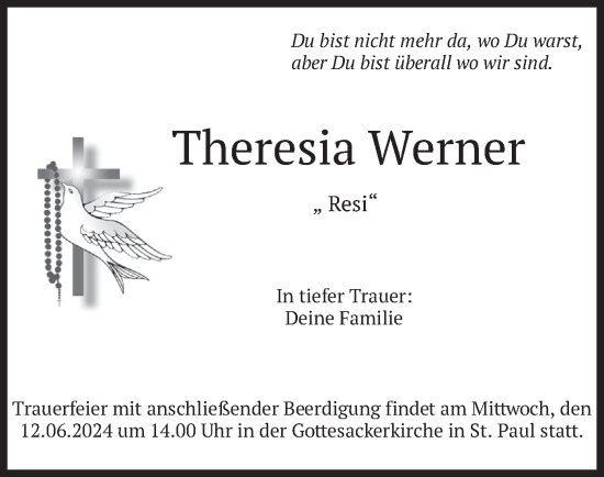 Todesanzeige von Theresia Werner von merkurtz
