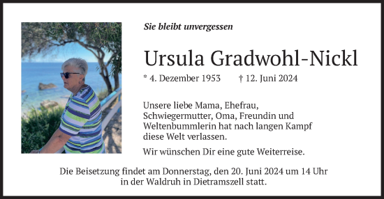 Todesanzeige von Ursula Gradwohl-Nickl von merkurtz