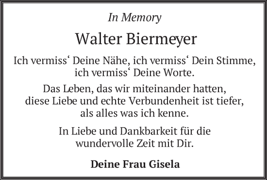 Todesanzeige von Walter Biermeyer von merkurtz