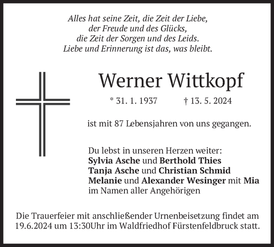 Todesanzeige von Werner Wittkopf von merkurtz
