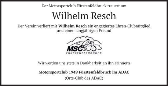 Todesanzeige von Wilhelm Resch von merkurtz