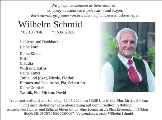 Todesanzeige von Wilhelm Schmid von merkurtz